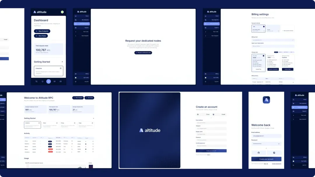 User interface screens of Altitude platform showing dashboard, node request, billing, sign-up, and login pages.