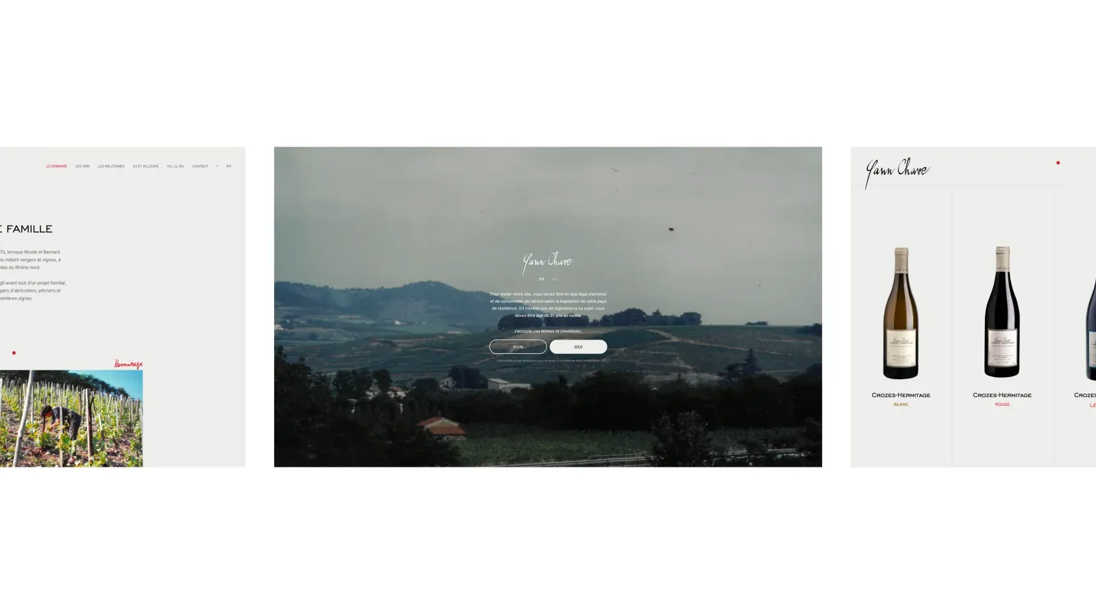 Trois écrans du site du Domaine Yann Chave, conçu par Mage Studio