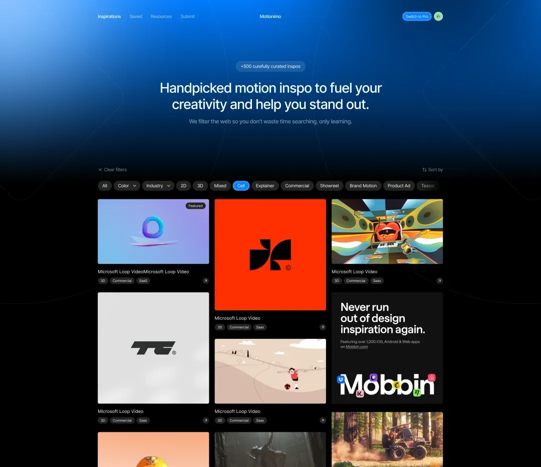 Page d’accueil de Motionimo, une plateforme d’inspiration pour le motion design