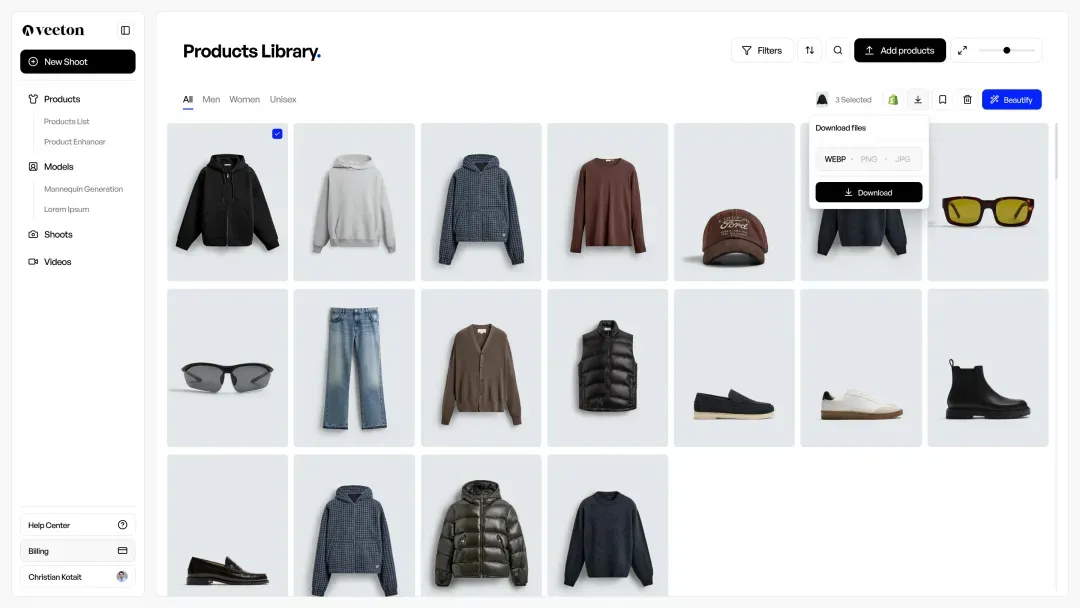 User interface showing product library with clothing items, accessories, and download options.