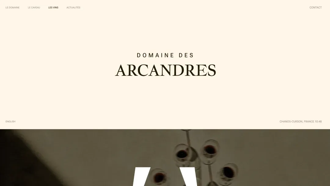 Page d’accueil du site du Domaine des Arcandres, conçu par Mage Studio