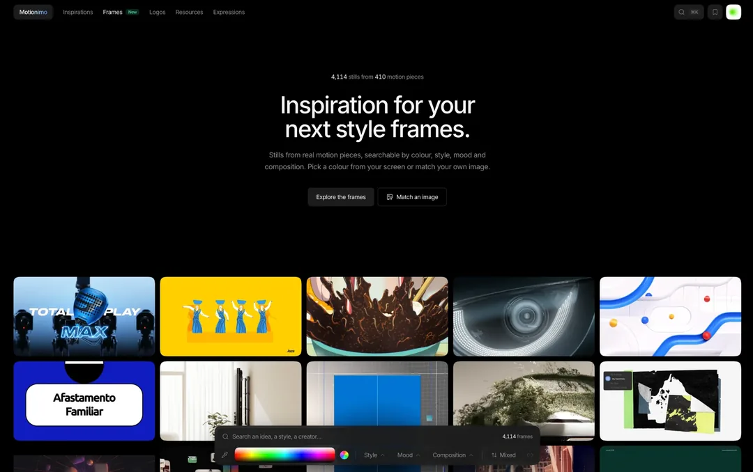 Motionimo Frames page: style frames searchable by colour, style, mood and composition.