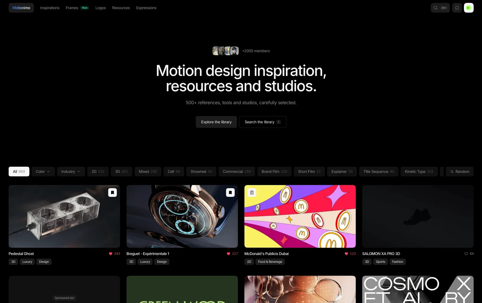 Motionimo home page: motion design inspiration, resources and studios, with category filters and video thumbnails.